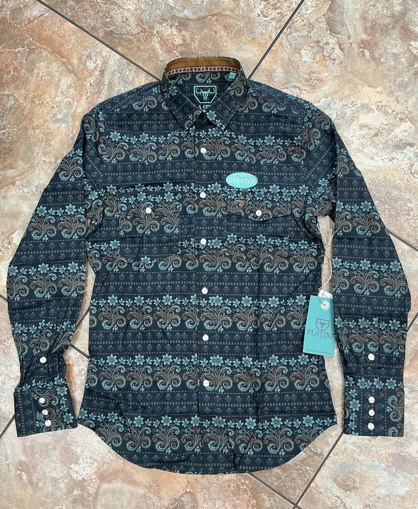 Platini Men's Modern Fit Stretch Black Floral Fashion Shirt