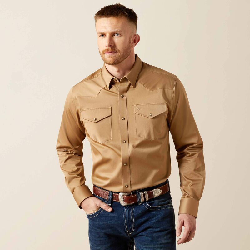 ariat dress shirt Ariat Solid Twill Fitted Shirt Khaki – Plaza Del Calzado