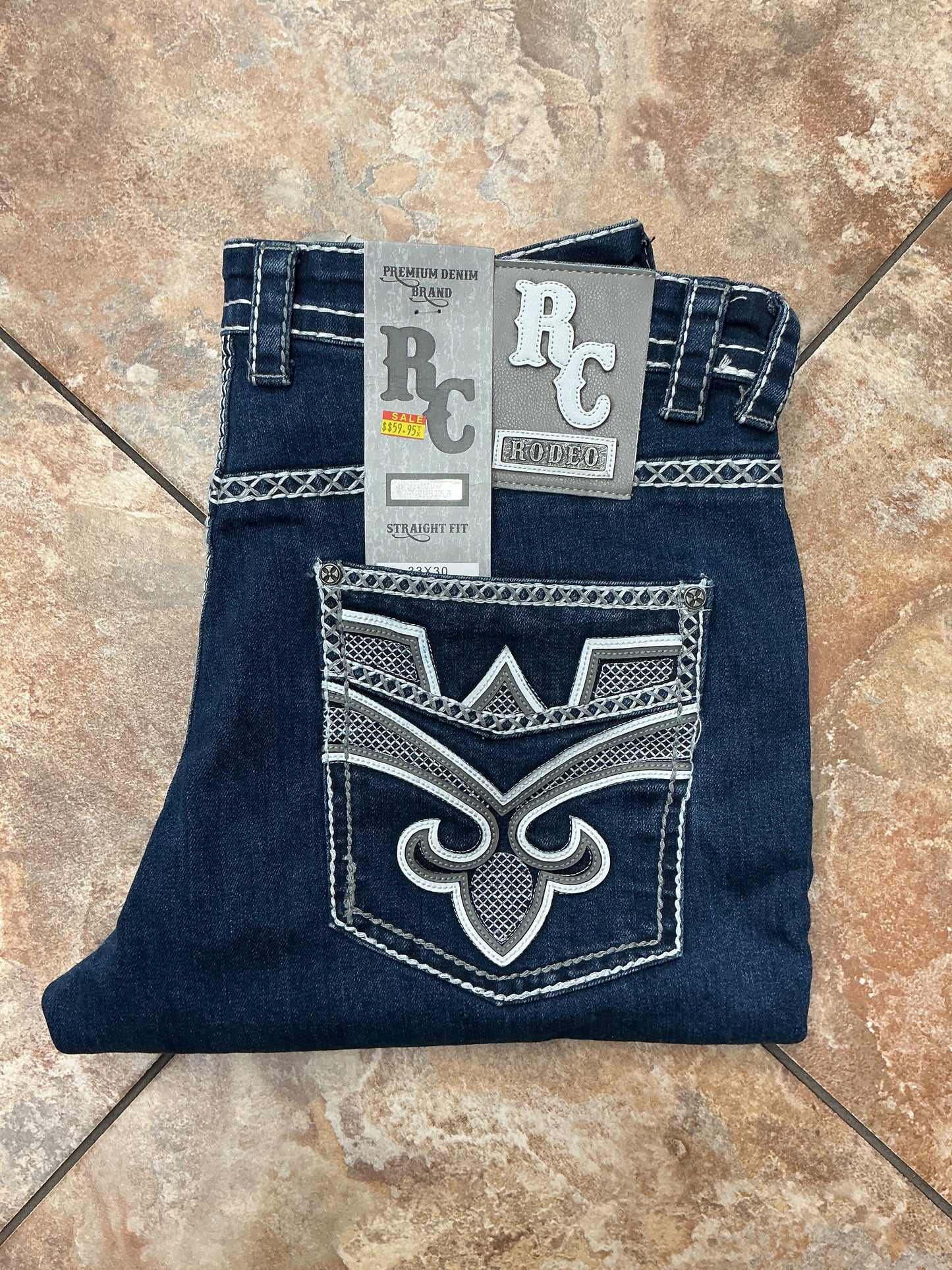 Rodeo dark wash white stitching