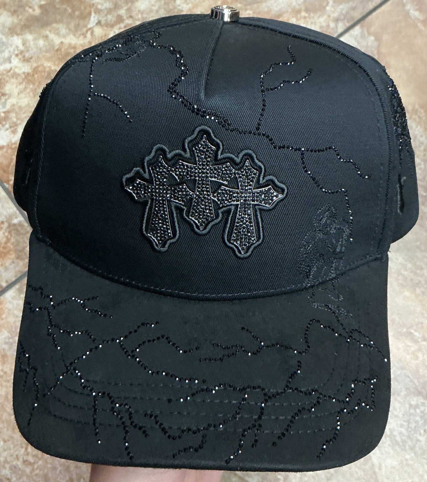 Big Boss Hat Black Rhinestone Three Crosses