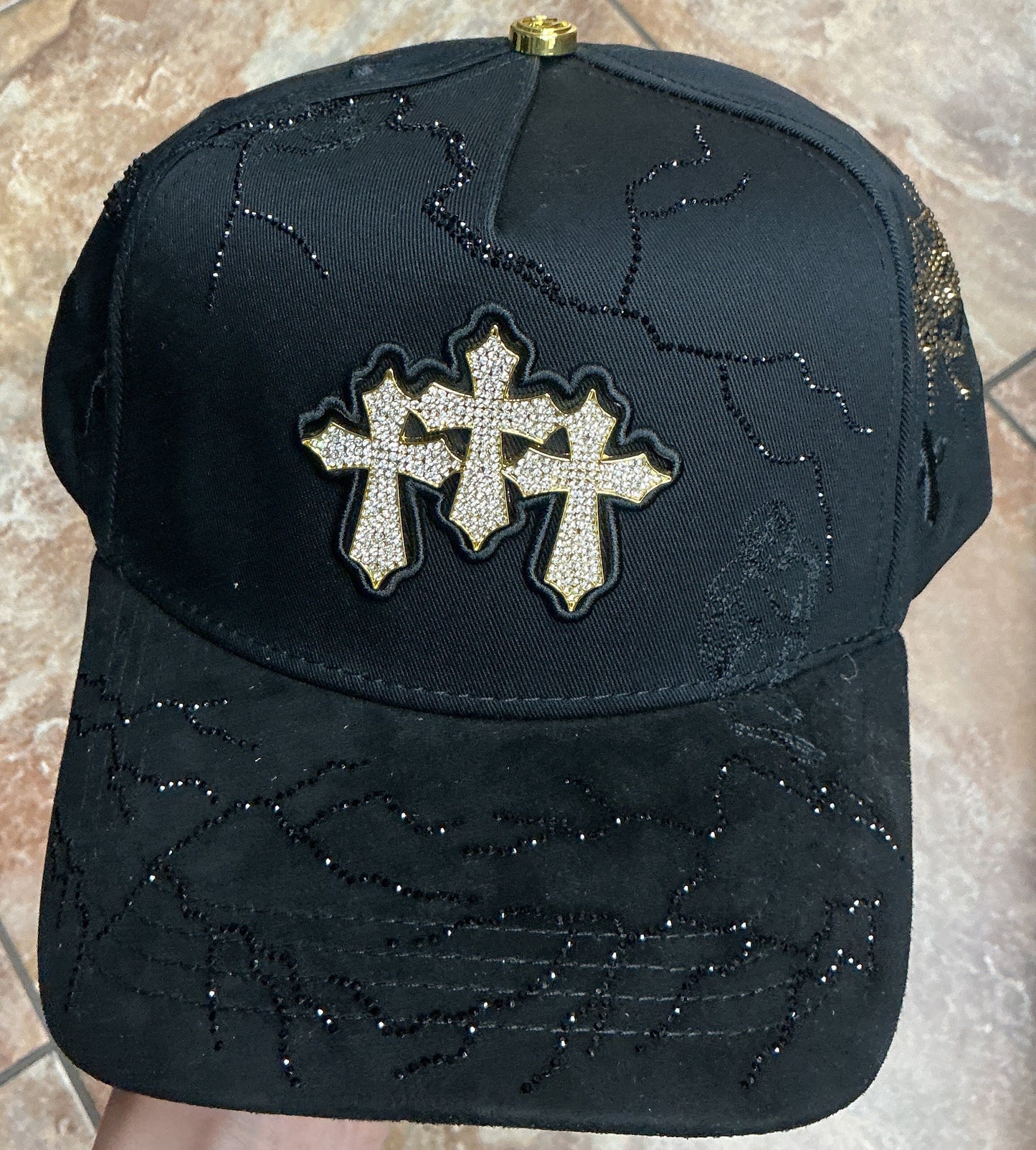Big Boss Hat Black Gold Rhinestone Three Crosses