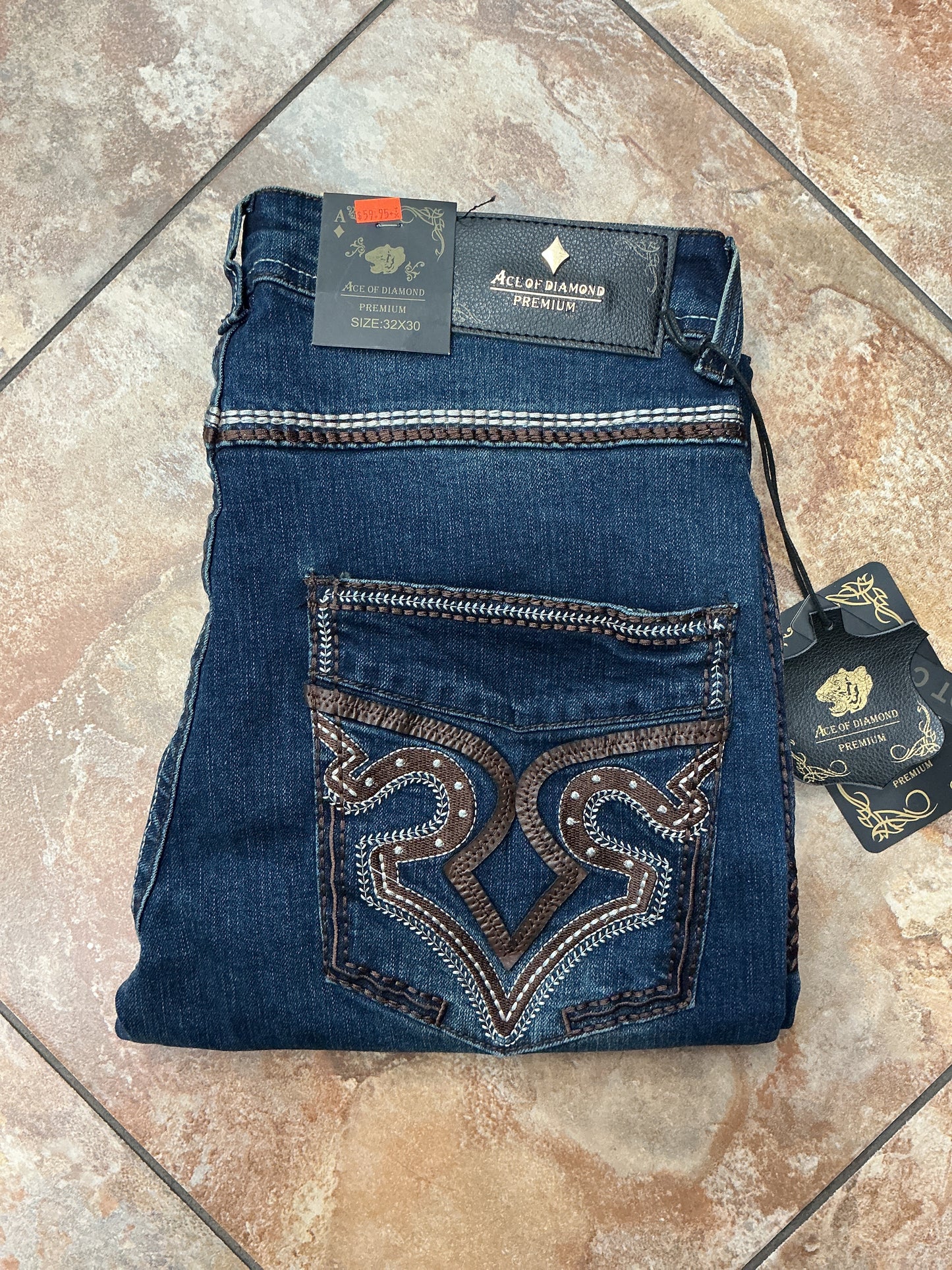 Ace of Diamond dark wash brown stitching