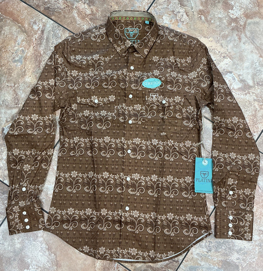 Platini Men's Modern Fit Stretch Brown Floral Fashion Shirt