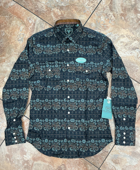 Platini Men's Modern Fit Stretch Black Floral Fashion Shirt