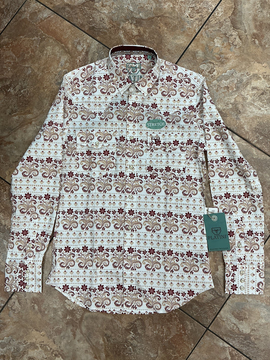 Platini Men's Modern Fit Stretch White Floral Fashion Shirt