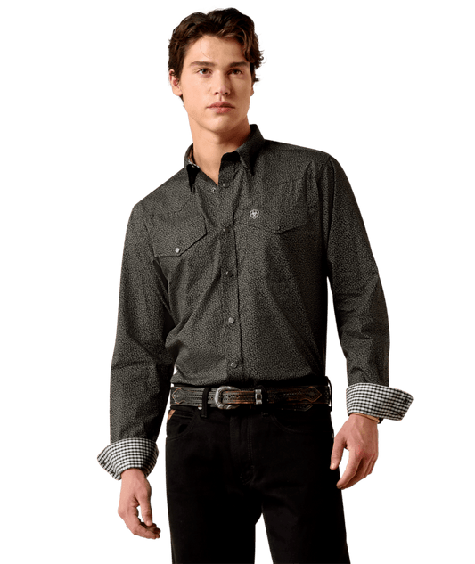 Ariat Black Textured Print Wrinkle Free Fitted Snap Shirt