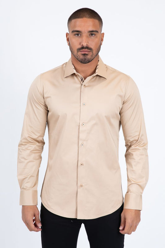 Platini Beige Satin Cotton/Spandex Long Sleeve Shirt