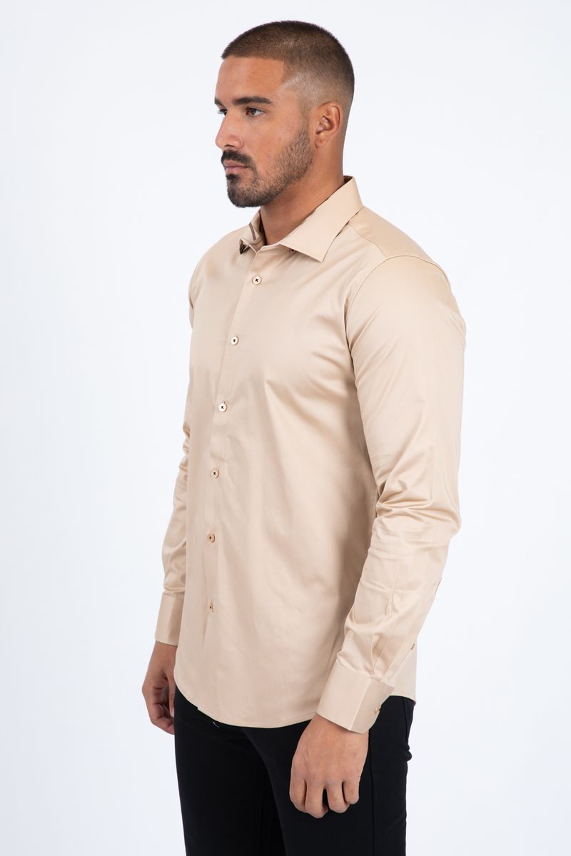 Platini Beige Satin Cotton/Spandex Long Sleeve Shirt