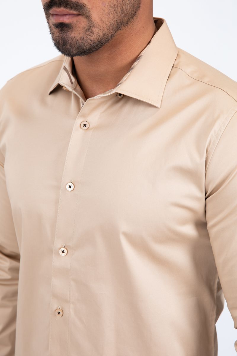 Platini Beige Satin Cotton/Spandex Long Sleeve Shirt