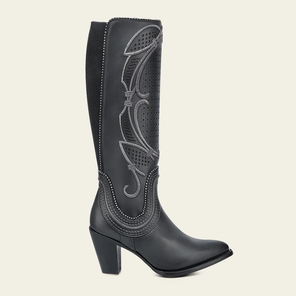 Cuadra Women's Tall Gray Leather Boot with Laser-Cut Shaft & Raised Embroidery