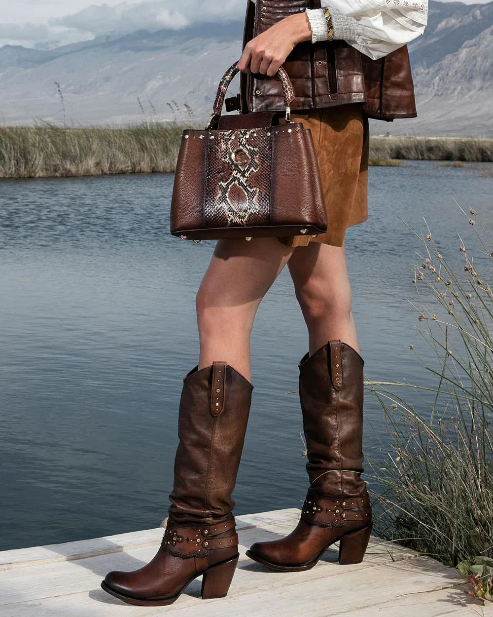 Cuadra Brown Crystal-Embellished Knee-High Boot