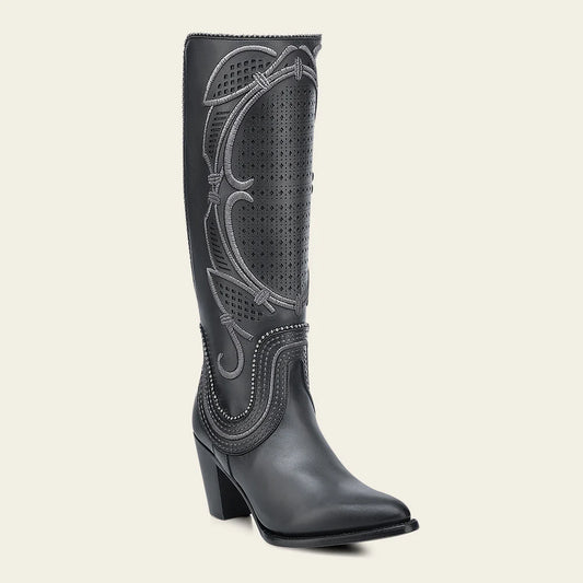 Cuadra Women's Tall Gray Leather Boot with Laser-Cut Shaft & Raised Embroidery
