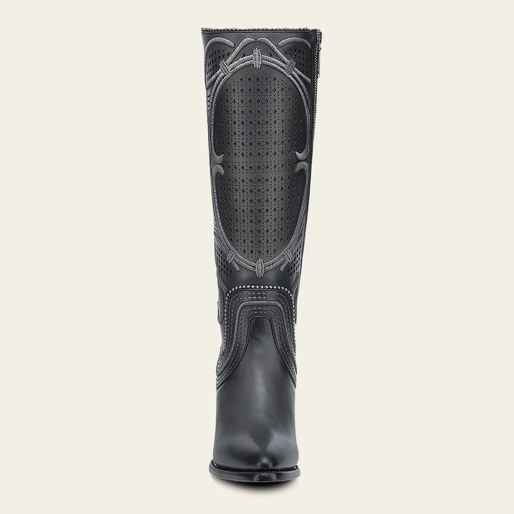 Cuadra Women's Tall Gray Leather Boot with Laser-Cut Shaft & Raised Embroidery