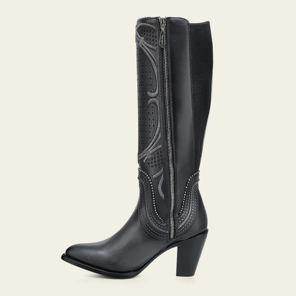 Cuadra Women's Tall Gray Leather Boot with Laser-Cut Shaft & Raised Embroidery