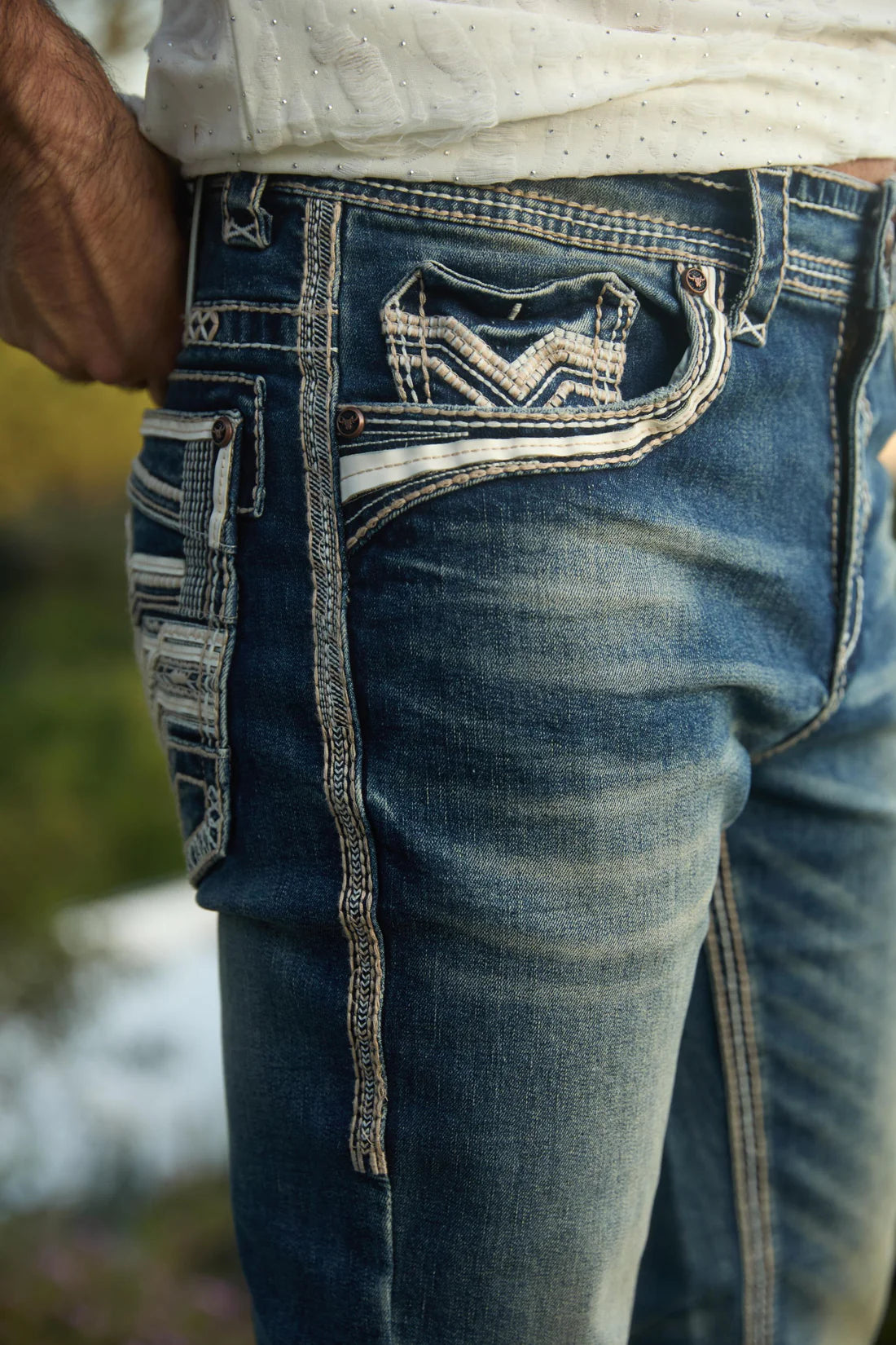 Platini light wash white stitch