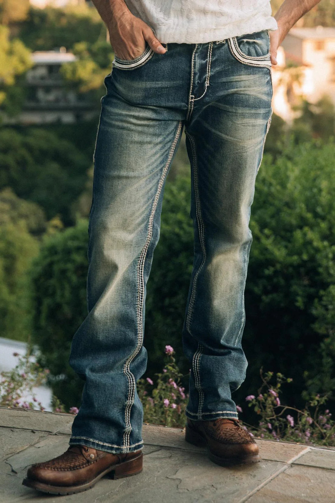 Platini light wash white stitch