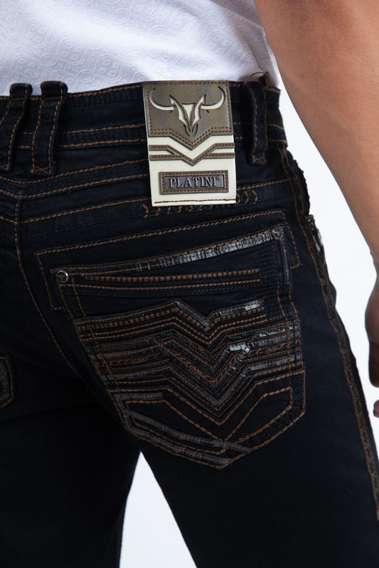 Platini Jeans Men's Slim Boot Cut Triple Stitch Black/Brown