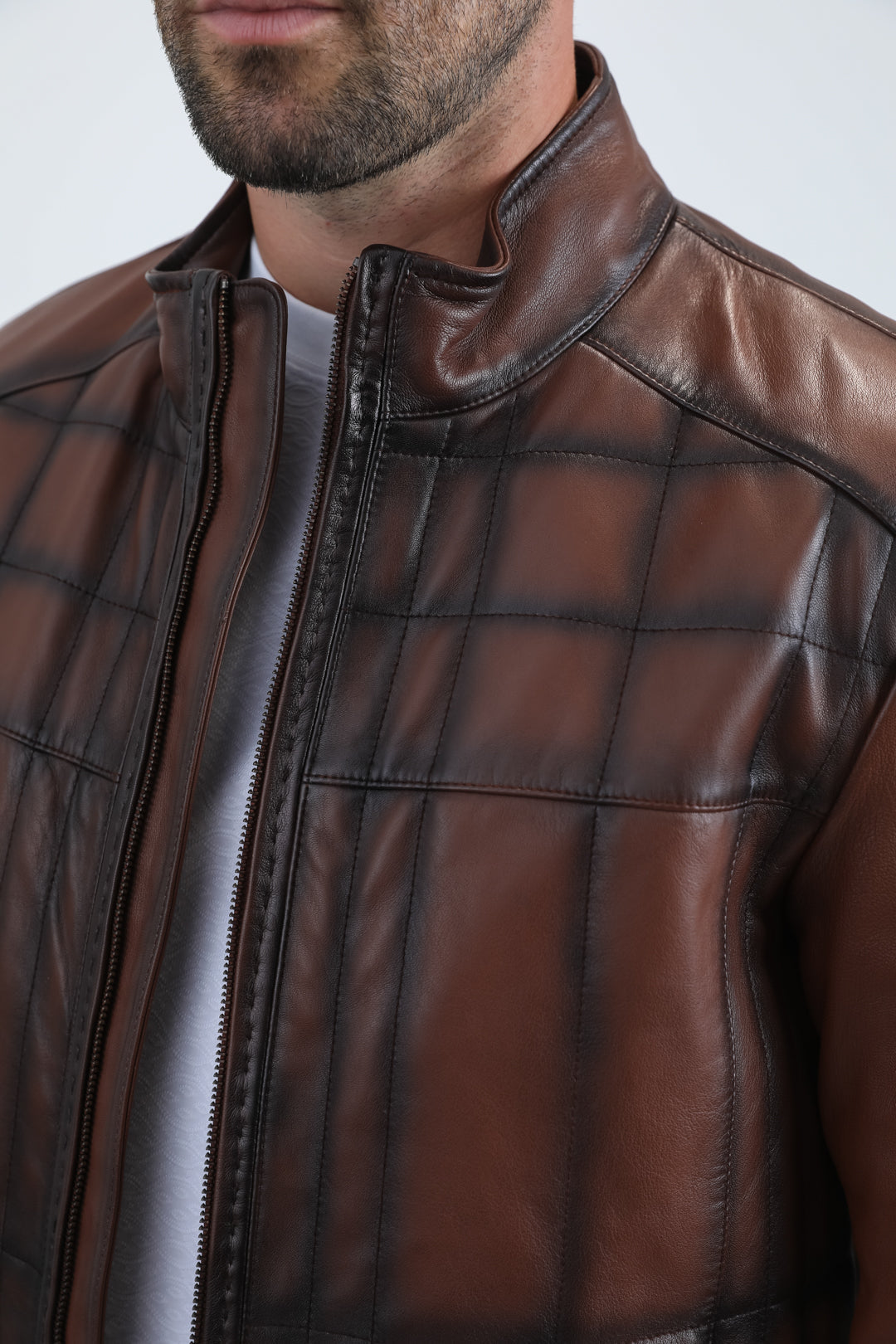 Platini Mens Genuine Leather Quilted Burning Brown Jacket