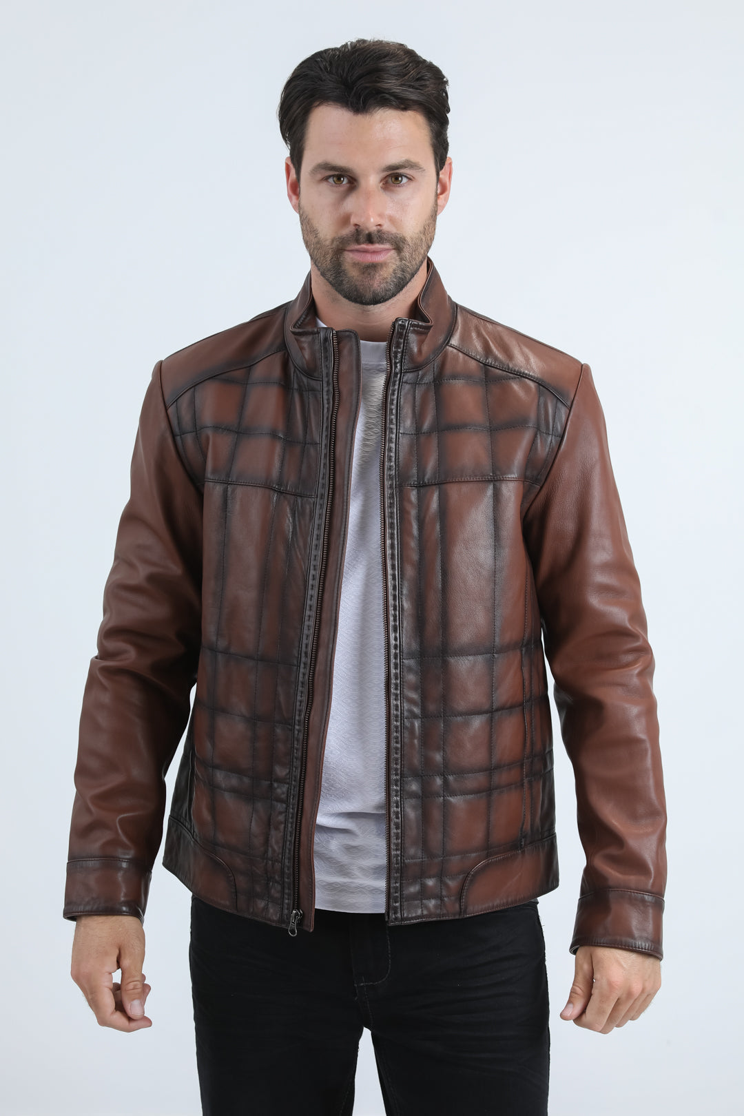 Platini Mens Genuine Leather Quilted Burning Brown Jacket